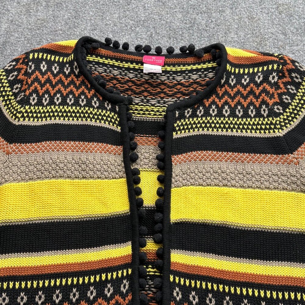 Together Cardigan Womens 16 Boho Tribal Pom Trim Open Festival Global Earthy - Picture 2 of 11